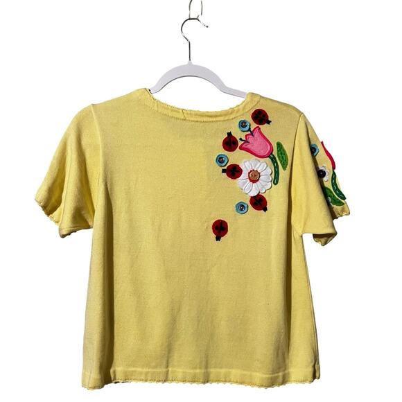 Vintage Yellow Short Sleeve Cardigan Floral Appliqués Ladybugs Bee Buttons MED - Picture 4 of 7